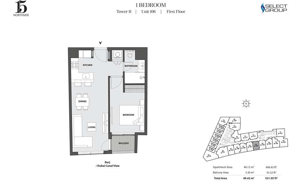 Tower B, 1 Bedroom, Unit 106, First Floor